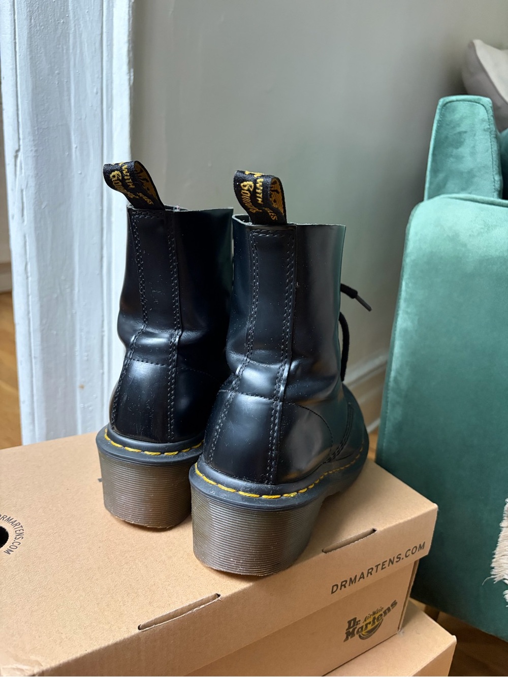 Dr. Martens Black Leather Lace-Up Platform Boots with Yellow Stitching - Picture 2 of 7